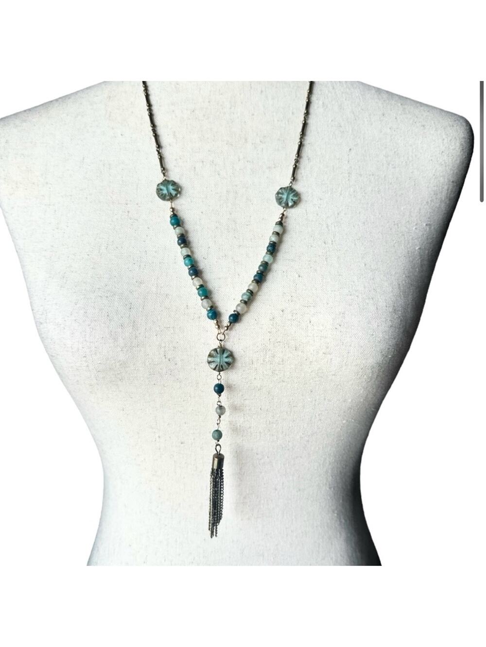 Vintage Boho Beaded Lariat Necklace | Turquoise & Gold Tassel Pendant